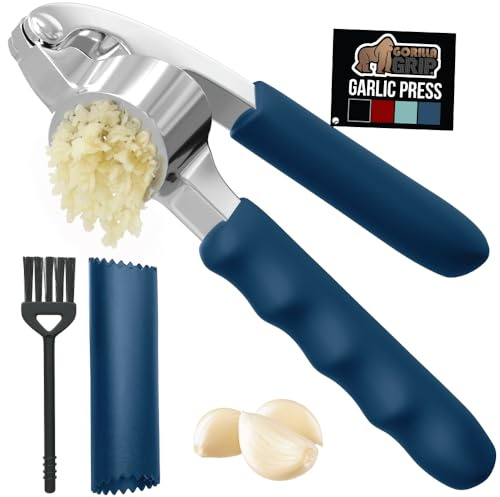 GORILLA GRIP Garlic Press and Peel Set, Heavy Duty Mincer Tool, Large Ergonomic Handle, Easily Mince and Crush Garlics, Ginger, Nuts, Seeds, Peeler Included for Peeling Cloves, Kitchen Gadgets, Blue