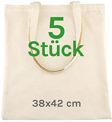 Cesped® Stoffbeutel Unbedruckt - Stofftasche Zum Bemalen - Baumwolltasche 100% B35 x H42 - Canvas 140 g/m2 Jutebeutel - Einkaufstasche Lange Henkel 70cm - Einkaufsbeutel Einkaufsbeutel - 5 stück