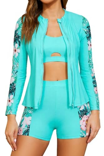 SHEKINI Women's 3 Piece Rash Guard Sets Long Sleeve Zip Up UV Sun Protection Swimwear Slim Fit Beach Surfing Swimsuits Swim Shirt with Boyshorts