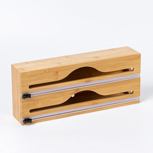 Foil and Cling Film Dispenser Cutter, 13 Inch Bamboo Plastic Wrap Dispenser for Kitchen Foil Organiser Storage Roll Cling Film Holder 2 in 1