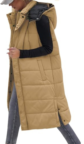 Tuopuda Chaleco Largo para Mujer de Capucha con Cremallera Chaleco Acolchado de Plumas Chaqueta de Invierno sin Mangas Abrigo de Cálidos on Bolsillos