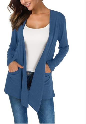 KESSER Cardigan Lungo Basic Casual da Donna con Due Tasche Maniche Lunghe Apertura Frontale vestibilità Slim alla Moda e Versatile Morbido e Sottile Marine XXL