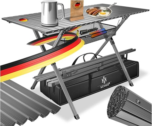 KESSER Tavolo da campeggio pieghevole con telaio in alluminio, 145 x 70 x 70 x 70 cm, portata massima 100 kg, con borsa per il trasporto con cinghia e borsa a rete, colore: antracite