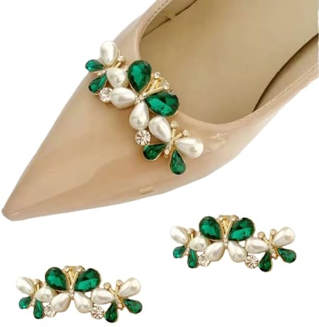 BrightGlow Clip per scarpe con perline con strass di cristallo staccabili, fibbie per scarpe con perle, elegante ciondolo per scarpe, accessorio alla moda, colore verde, 2 pezzi