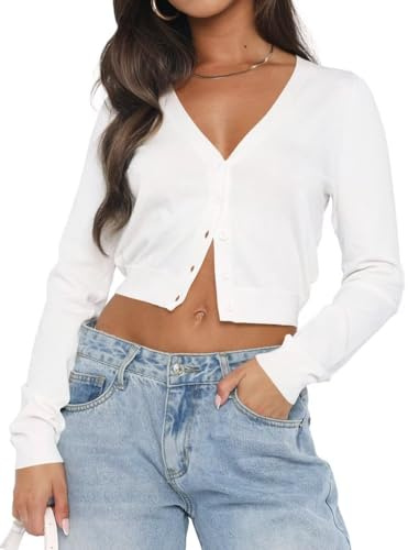 LACOZY Womens Button Down Sweaters Open Front Short Cropped Cardigan Sweater Bolero Shrugs Blouse Top White M