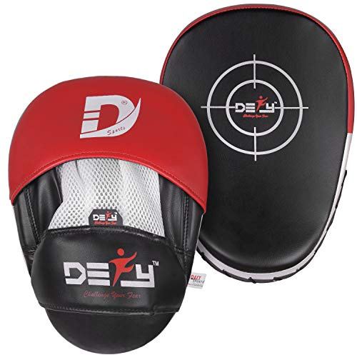 DEFY MMA Muay Thai Boxing Focus Mitts – Premium Leather Hook & Jab Punching Pads - Curved Focus Mitts for Strike & Kick Training Shield (Pair)