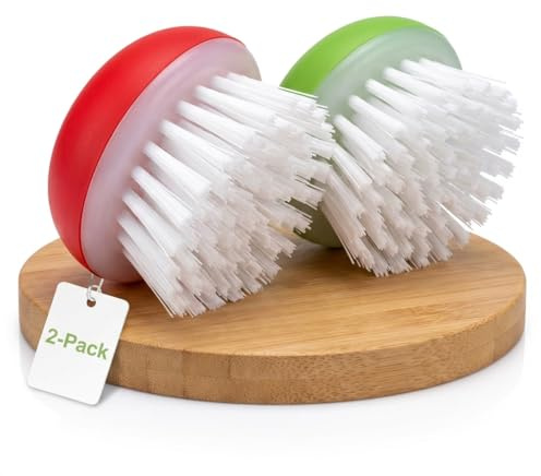 Vegetable Brush Scrubber for Food – 2Pcs Set Fruit and Veggie Brush – Silicone Top and Ultra-Strong Bristles Potato Scrubber – Palm Held Ergonomic Design – Easy to Clean – Red and Green