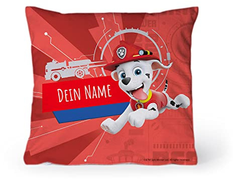 PICANOVA – PAW Patrol Cuscino con Nome 40x40 cm Marshall – Cuscino Personalizzato per Bambini – Cuscino Decorativo con Imbottitura e Federa – Cuscino per Bambini con Cane Cartone Animato