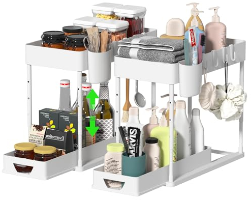 HI NINGER 2 Pack 2 Tier Kitchen Organiser Set, Under Sink Shelf, Drawer Organiser, Liftable Sink Shelf with 8 Hooks, 16 Non-Slip Pads & 2 Hanging Cups