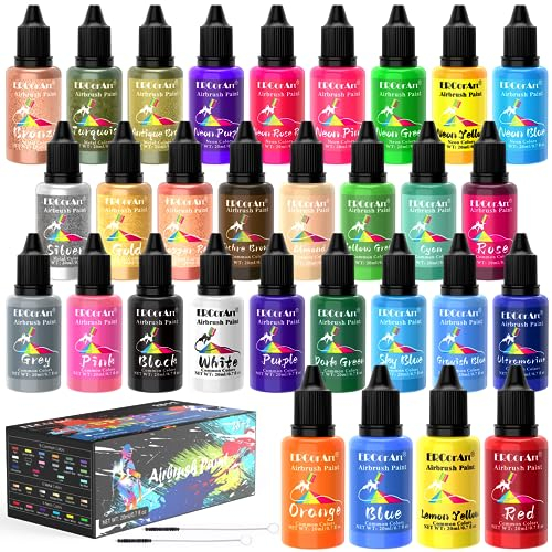 ERCorArt Airbrushfarben-Set - 30 Farben, 20 ml/Flasche, Acryl, Metallisch, Neon, Hochpigmentiert, Wasserbasiert, Ungiftig, für Holz, Modelle, Autos, Nägel, Kinder