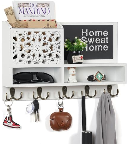QILICZ Portachiavi in legno con mensola, porta chiavi, lavagna e 10 ganci, appendiabiti da parete, bianco