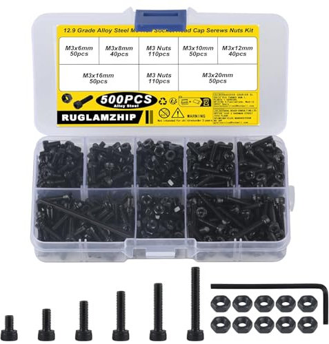 500 Pcs M3 Bolts and Nuts Set, M3 Nuts and Bolts Set, Hex Bolts Set, Black Machine Screws Bolts Nuts Fastener Assortment Kit