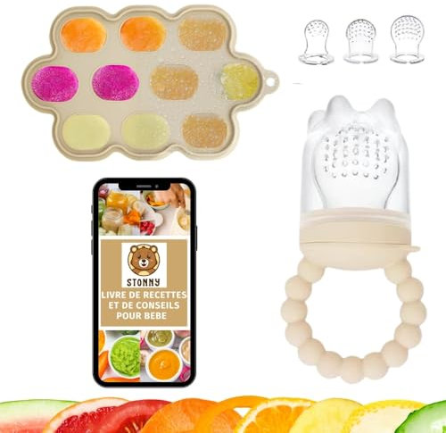 STONNY | Fruchtsauger baby | Integrierter Beißring | 3x Sauger in 3 Größen [3 > 34 Monate] | BPA-frei | Eiswürfelbehälter mit Deckel für Muttermilch | Eiswürfelform für FruchtSauger