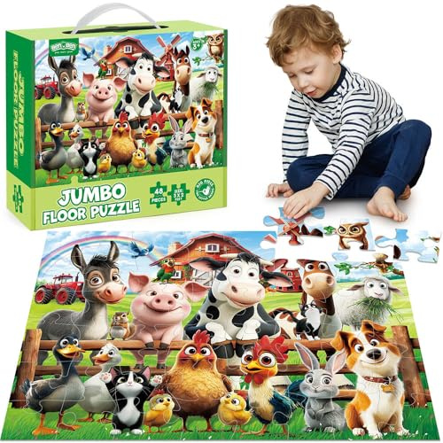 BenBen Puzzle Bambini 3 anni, Puzzle Grandi da Pavimento per 3 4 5 anni, 48 Pezzi XXL, 90 x 60 cm, Regalo per Bambini e Bambine, Figure Fattoria