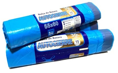Bolsas de basura 30L autocierre (45 bolsas)-Pack 3 rollos Tricapa Resistente, Perfumadas y anti-goteo 55x60 cm Para cubo Doméstico, Baños y Cocinas