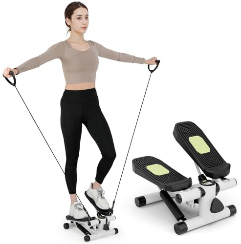 KOMFOTTEU Mini Stepper de Fitness en Casa, Máquina de Steps con Bandas de Resistencia, Altura Ajustable, Pantalla LCD, Pedal Antideslizante, Equipo Cardiovascular para Entrenamiento Corporal