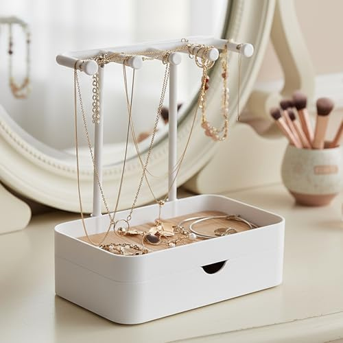 Aohyue Schmuckhalter Kettenständer mit Schubladen, Schmuck Organizer mit Holzaufbewahrungsbasis und 5 Haken, für Ketten, Armbänder, Ringe & Ohrringe, Weiß, Schmuckständer Kettenhalter