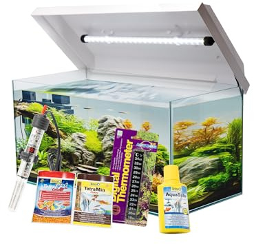VIALIA Aquarium Komplettset 54L (60x30x30 cm) mit Juwel LED Abdeckung weiß | Starter-Set inkl. Heizer, Thermometer, Futter & Wasseraufbereiter | Robustes Floatglas Becken | Ideal für Einsteiger