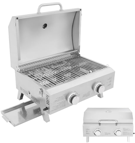 ROGONPDK Barbacoa de gas portátil de acero inoxidable de 2 quemadores, barbacoa plegable al aire libre, barbacoa de gas de mesa, barbacoa de acero inoxidable, barbacoa de gas, barbacoa de mesa, para