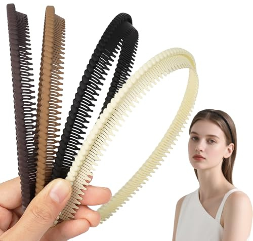 4 Stück Zick Zack Haarreif,Rutschfestes Kunststoff Flexible Stirnbänder mit Zahnkamm,Haarreifen Damen mit Zähnen,Headband von Zacken für Make Up Gesichtspflege Yoga Alltag(Beige Braun Schwarz Khaki)
