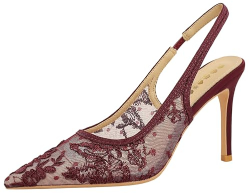 Qynthra Pumps Stiletto De Malla De Encaje Elegantes para Noche Punta Afilada Slingback Tacón Alto Zapatos De Fiesta Tacones De Vestir Florales para Cóctel Y Eventos Formales,Burgundy,34 EU