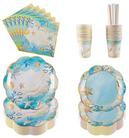 PHUNAT Juego de vajilla para fiesta de océano y playa para 25 invitados, incluye platos de papel (7 y 9 pulgadas), tazas, servilletas, pajitas, perfecto para fiestas en la playa, fiestas de verano
