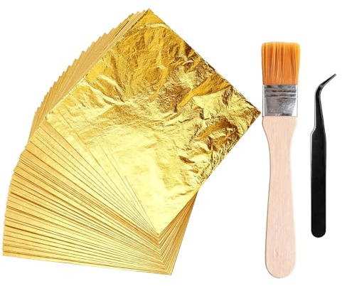 NYVOR Bladguld 100 blad guldfolie, 14 x 14 cm, imitation bladguld med precisionstång och pensel för pyssel, guldflocken för konstprojekt, konstmålningar, naglar, trämöbler, dekoration, DIY-hantverk