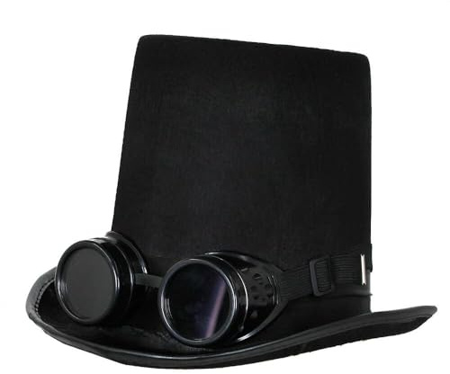 Steampunk Black Top Hat with Goggles - Adults Gothic Fancy Dress Victorian Accessory Festival Halloween - Black