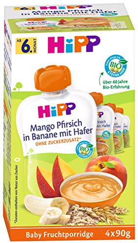 HiPP Bio Quetschie Mango Pfirsich in Banane mit Hafer,16 Stück (4er Pack mit je 4 x 90g), für Babys ab 6. Monat, ohne Zuckerzusatz, vegan, in bester Bio-Qualität