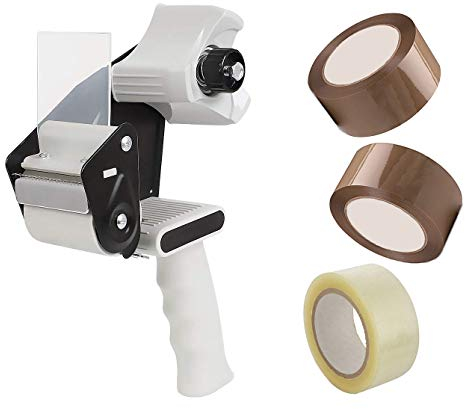 Dérouleur Ruban Adhésif - Kit d'Emballage avec Pistolet Distributeur + 3 Scotch d'Emballage (2 marron + 1 transparent)