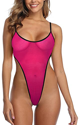 SHERRYLO genomskinlig baddräkt högt skuren mikromonokini bikini mini nät transparent baddräkt, fuchsia, S
