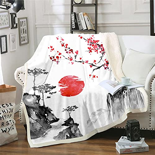 Ukiyoe Couverture japonaise en polaire avec fleurs de cerisier, couverture moelleuse pour lit simple, 127 x 152 cm