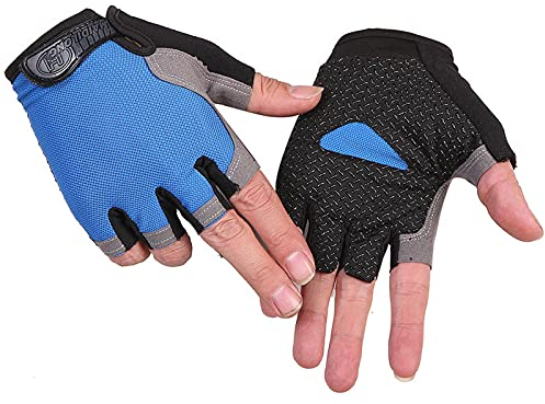 TAHUAON Guantes de gimnasio unisex de medio dedo para canoa, windsurf, kiteboarding, vela, cincha de muñeca ajustable (ordinario-azul S)