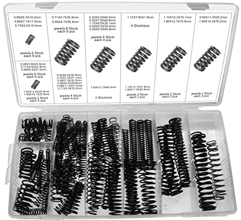 Druckfedern Sortiment Spiralfedern Stahlfeder Metallfedern Federstahl Sprungfeder Kompressionsfedern mit schwarzem Finish div. Stärke, 114-tlg.