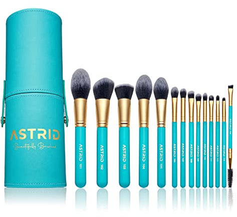 Astrid Glam Peacock Makeup Brushes Set – Professional Makeup Brush Set of 14 with Face, Lip, Eye Makeup Brushes, Brush Holder – Soft Synthetic Fibres – Vegan and Cruelty-Free – Recycled Packaging