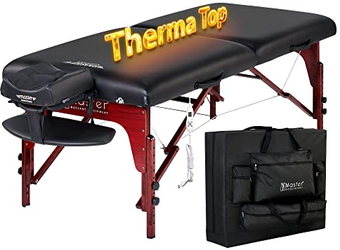 Master Massage 71 cm Montclair mobil massagesäng ThermaTop integrerat värmesystem hopfällbar massagesäng massagebänk kosmetisk säng bärbar skönhetssäng trä bärväska paket svart