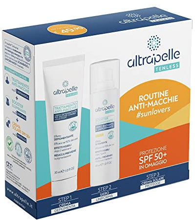 Altrapelle Tenless - Cofanetto Anti-Macchia, Crema Depigmentante, Siero Illuminante e Crema Solare SPF50+ per Viso, Mani, Collo e Décolleté, Trattamento Completo per Uniformare e Prevenire Macchie