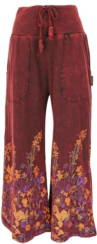 GURU SHOP Palazzohose, Boho Baumwollhose, Hippiehose mit Blüten, Schlaghose - Weinrot, Damen, Size:L