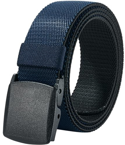 LionVII Men's Elastic Stretch Belt, 2-in-1 Reversible Nylon Belt with Plastic Buckle for Casual Golf Pants, Trim to Fit Waist Below 46 (Black & Navy Blue)