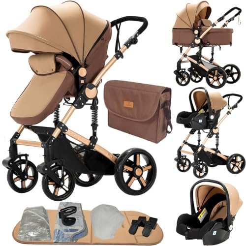 MoLi 3-i-1-barnvagn, babyvagn med vändbart dubbelt skjutläge, storslagen paddlevagn, kombinationsvagn i aluminiumlegering, hög landskap vikbar (588 Tawny)