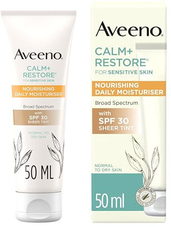 Aveeno CALM+RESTORE Nourishing Daily Moisturiser (1 x 50ml), Fragrance-Free Face Moisturiser with SPF 30, Broad Spectrum, with Soothing Oat & 100 Mineral UV Filters, for Normal to Dry Skin
