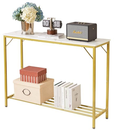 YMYNY Konsolentisch, Beistelltisch, Modisches Spleißdesign, Eingangstisch, Schmaler Sofatisch mit offenen Regalen, für Eingangbereich, Wohnzimmer, Büro, 107×30×78CM Weiß & Gold HST006W