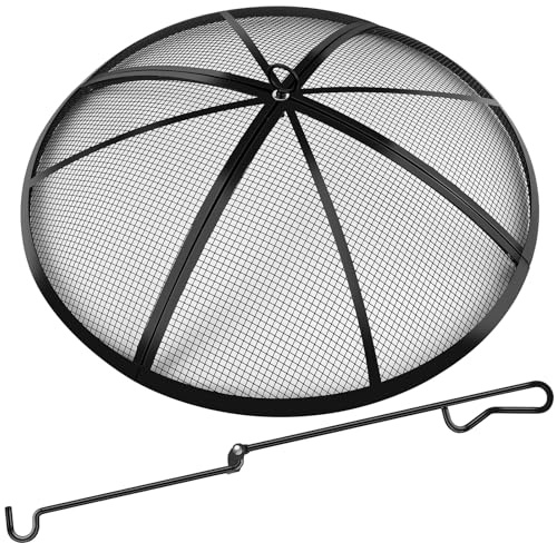 Eldstad tändskärm, brandgropsskärm 61 cm rund med handtag och Poker, hopfällbart tungt nät eldstadsskydd eldstadslock för utomhus/uteplats/bakgård/husbilscamping/strand
