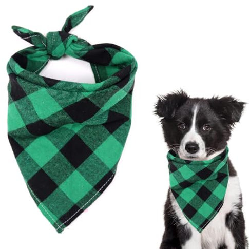VYIBPDY Bandana Chien,Écharpe pour Chien à Carreaux, Triangle d’Animaux de Compagnie Foulard, Classique Bandana en Coton à Carreaux, Bandana pour Chien Ajustable, Vert-Noir