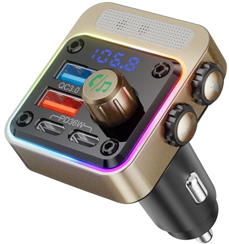 Nulaxy 54W [PD 36W & QC3.0 18W] High Power Bluetooth 5.3 Car Adapter With 4 Charging Ports, Wireless Radio FM Transmitter with Deep Bass Player & 5 Colors LED Backlit, Hands-Free Calling - NX16