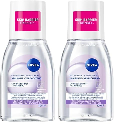 NIVEA Eau Micellaire APAISANTE Peaux Sensibles Mini Format (2 x 100 ml), démaquillant enrichi aux micelles et acides animés sans parfum, nettoyant visage yeux & lèvres
