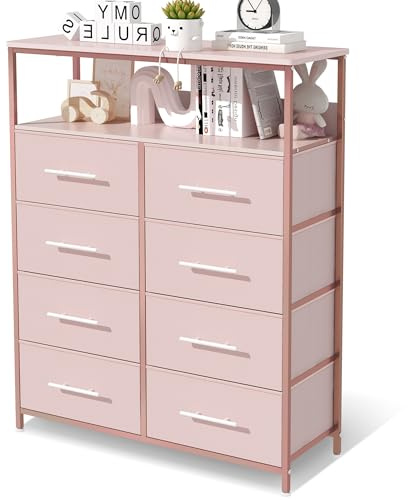 MYGIIVOVO Chest of Drawers, Dresser for Bedroom, Pink | 8 Fabric Drawers, 2 Layers Shelf, Sturdy Metal Frame, TV Stand