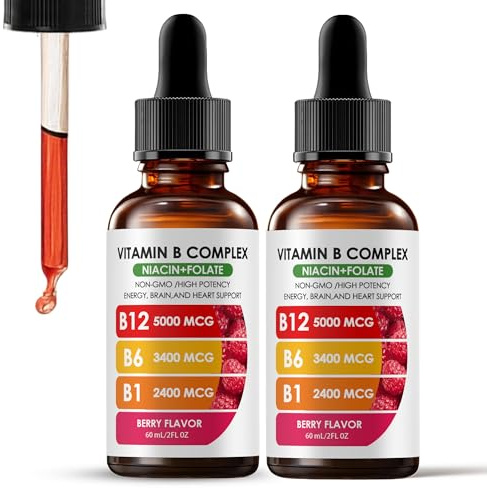 Nichalous Vitamin B12 Complex with B1, B6, Vitamin B12 Raspberry Liquid Supplement, Essential Vitamin 5-in-1 Vitamin B Complex Liquid Drops, Brain Function, Focus, and Natural Energy Support (2PCS)