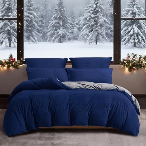 YASMENG Flanell sängkläder 135 x 200 mörkblå grå varm mysig flanell sängkläder 135 x 200 vinter fluffig plysch sammet fleece vändbara sängkläder 2 delar med dragkedja och 80 x 80 cm örngott