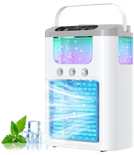Mini Climatiseur, 3 en 1 Rafraîchisseur d'air Portable, Ventilateur de Bureau et Humidificateur, Rafraîchisseur d'air Évaporatif, 7 Couleurs d'éclairage, Minuterie et 3 Vitesses pour Maison et Bureau